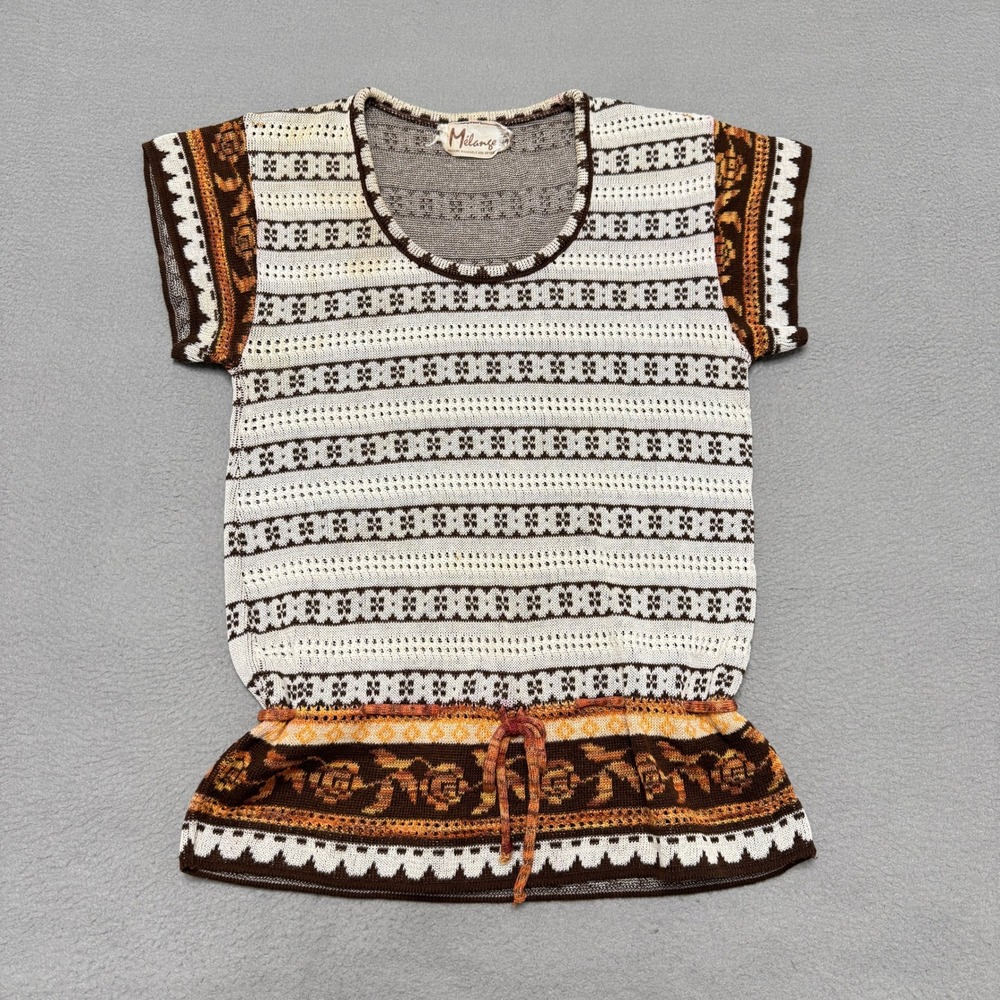Melange Top Womens XS Brown White Knit Floral Drawstring Vintage Y2K 2000s